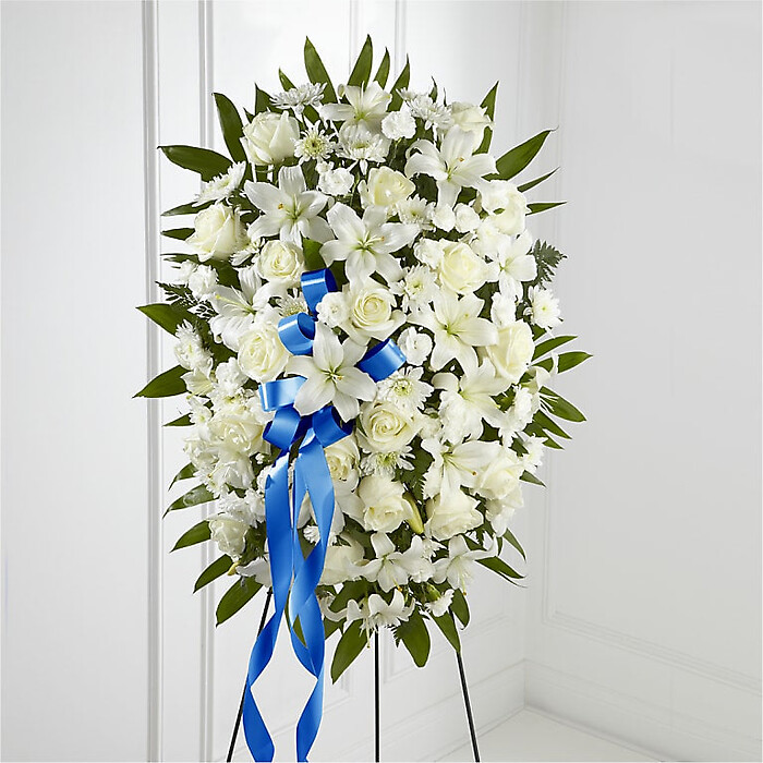 Exquisite Tribute Standing Spray-Blue Ribbon