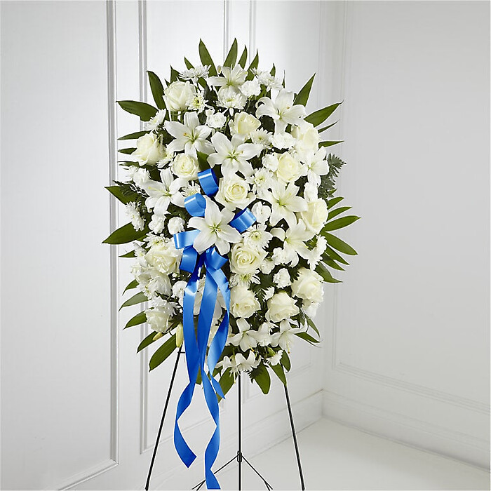 Exquisite Tribute Standing Spray-Blue Ribbon